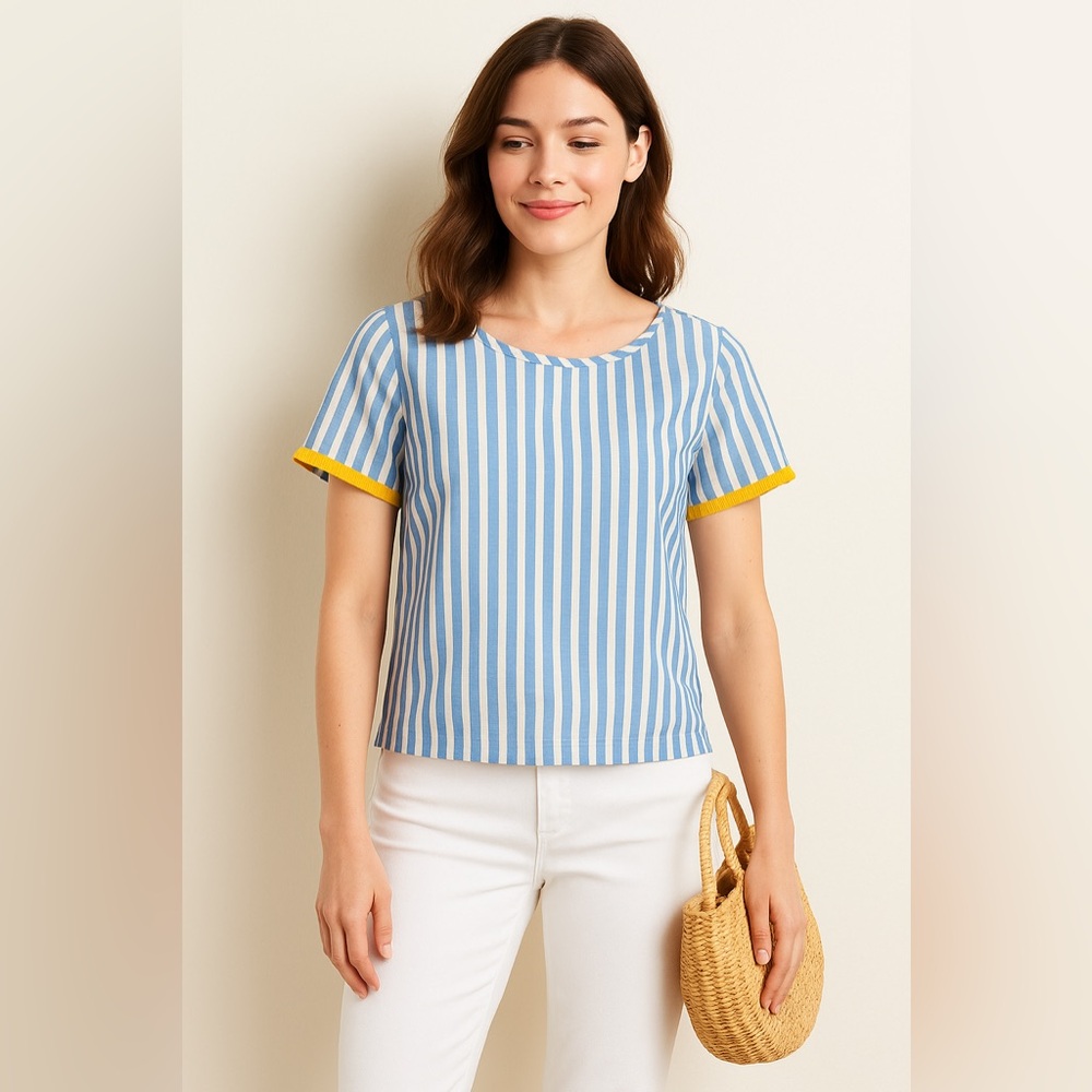 Talbots Petites Blue White Stripe Cotton Top with Yellow Trim – Size SP - Picture 1 of 8